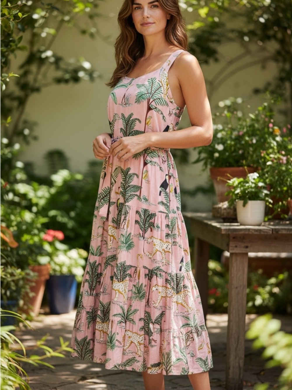 Beau & Ro Sarah Maxi Dress in Pink Jungle Print Size S Leopard Toucans Palms